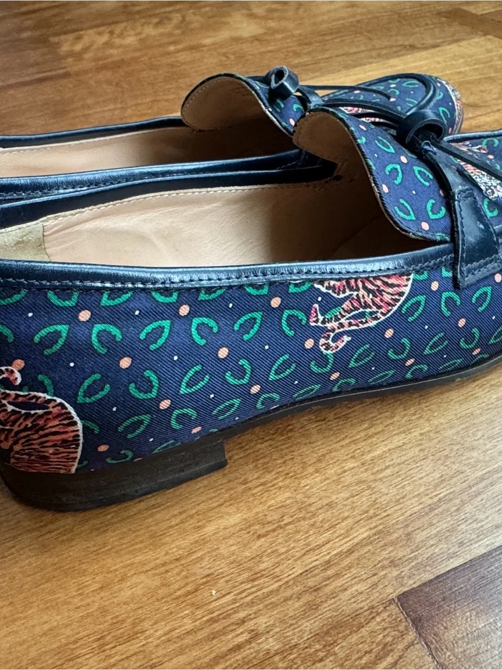 J. Crew Navy Loafers with Tiger Print and Green Accents